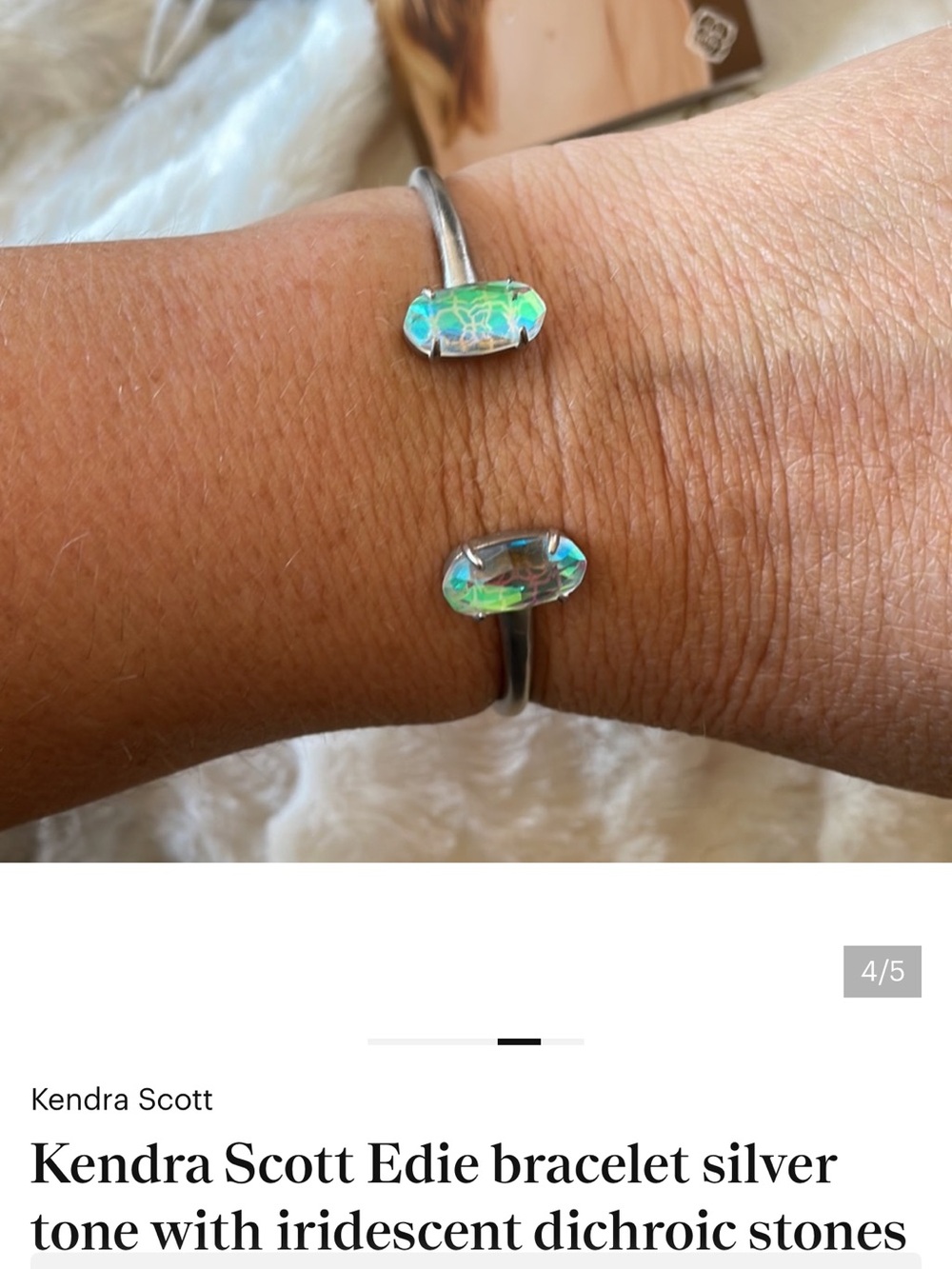 Kendra Scott Silver Open Cuff Bracelet with Iridescent Green-Blue Stones - Picture 3 of 4